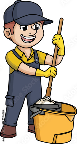Male Janitor With Mop Bucket Vector Image