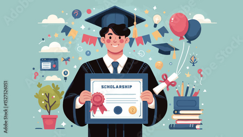 Graduate with Scholarship Award, A graduate holding a scholarship certificate or award plaque with pride, wearing a graduation cap and gown 