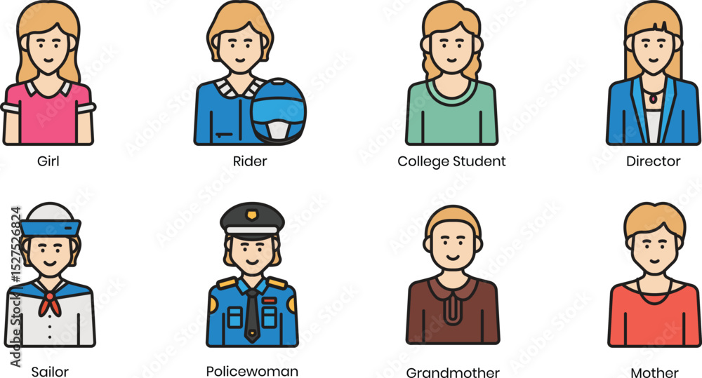 Diverse Female Professions Illustrations of Women in Various Careers, Including Girl, Rider, College Student, Director, Sailor, Policewoman, Grandmother, and Mother Diverse Female Professions Illustrations of Women in Various Careers, Including Girl, Rider, College Student, Director, Sailor, Policewoman, Grandmother, and Mother