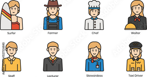 Diverse Female Professions Surfer, Farmer, Chef, Waiter, Yacht Staff, Jetsetter, Shop Assistant, Taxi Driver Icon Set