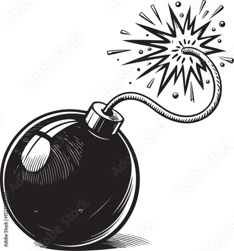 Exploding bomb Vector Illustration, Sketch Drawing Line Linear Symbol Icon Engraving Coloring Book, Hand-drawn Black and White Isolated
