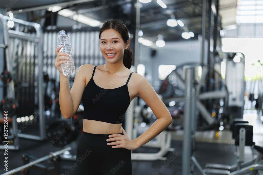 Obraz premium Young asian sportswoman holding water bottle smiling in gym