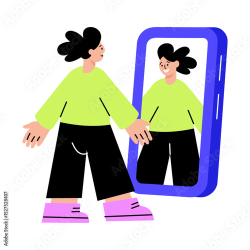 A flat style illustration showing a character using smart mirror