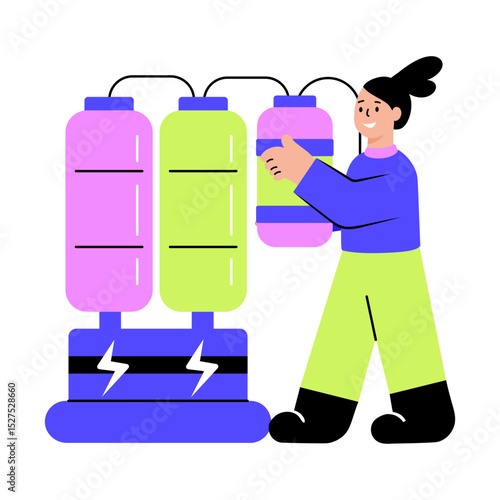 Flat style illustration showing a character refuelling a power machine