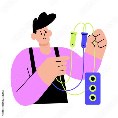 A flat style illustration showing user connecting wires on board