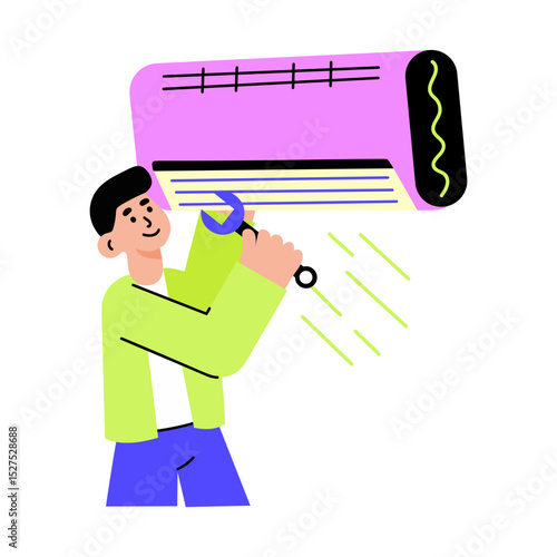 Flat style illustration showing a character fixing an air conditioner