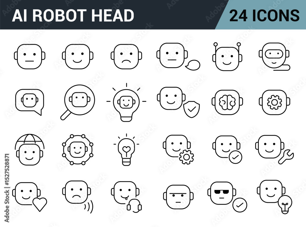 AI Robot Head Line Editable Icons Set.
Includes Emotions, Chat, Security, Brain, Settings, Tools, Ideas & More. Vector Illustration. AI Robot Head Line Editable Icons Set.
Includes Emotions, Chat, Security, Brain, Settings, Tools, Ideas & More. Vector Illustration.