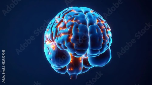 3D model of a human brain, glowing with activity