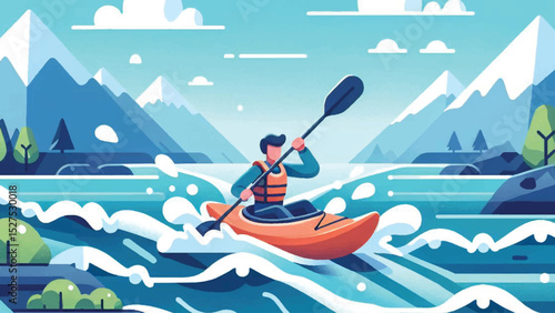 Kayaking on a River, A person kayaking down a fast-moving river, splashing through white