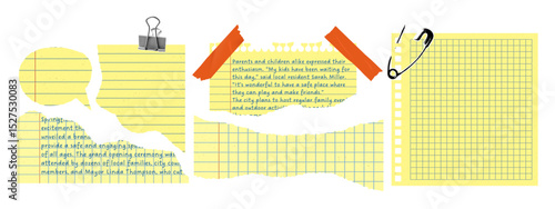 Yellow torn notebook paper collage with lined and grid sheets, stationery elements. Isolated set with tape, binder clip, and safety pin. School and office supplies for scrapbooking, digital projects.
