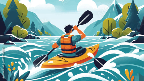 Kayaking on a River, A person kayaking down a fast-moving river, splashing through white
