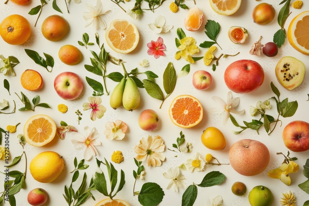 Colorful Arrangement of Fresh Fruits and Blooms on a White Surface Colorful Arrangement of Fresh Fruits and Blooms on a White Surface