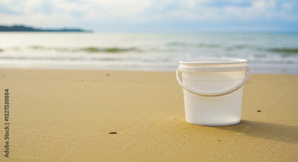 White plastic bucket on sandy beach near ocean during daytime White plastic bucket on sandy beach near ocean during daytime