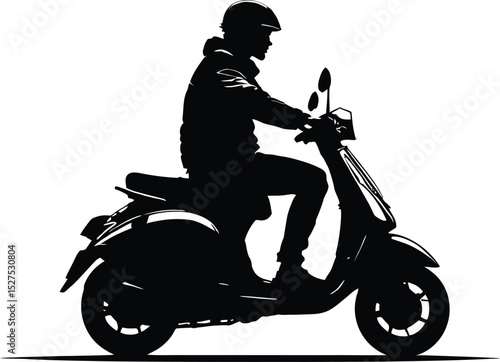 Scooter Rider & Urban Mobility Symbol Set Featuring a Helmeted Individual Seated on a Classic Rounded Scooter, Dressed in a Jacket and Pants—Representing Transportation, Freedom, and City Commuting