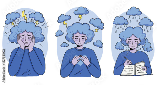 Three illustrations depict different stages of sadness with a person having a cloud over their head