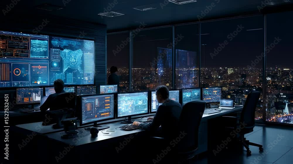 Network operations center specialists monitoring cybersecurity threats on multiple screens in modern office, overlooking dramatic nighttime cityscape with complex data visualizations
