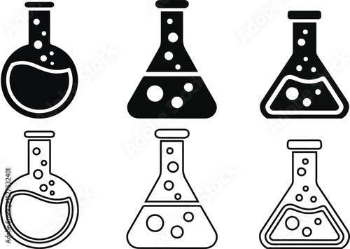  Laboratory Flasks Icons Set - Chemistry and Science and outline vector