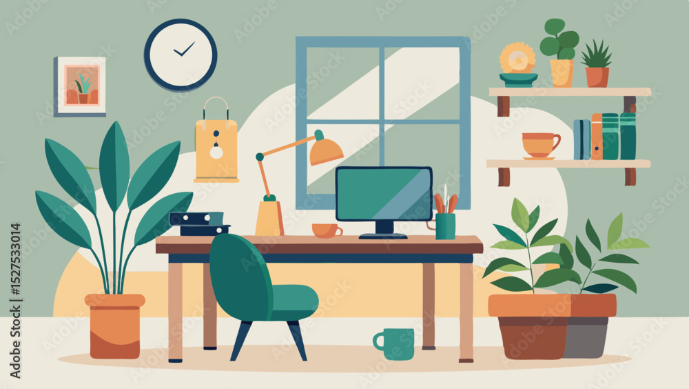 Fototapeta premium Cozy Home Office Workspace with Laptop and Indoor Plants Illustration