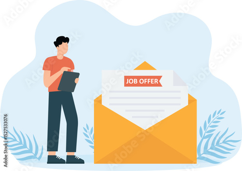 Job offer and recruitment search, career start and vacancy or  Recruitment search, We're hiring posters and Male employee with case acceptance letter with job offer
