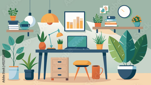 Wallpaper Mural Cozy Home Office Workspace with Laptop and Indoor Plants Illustration Torontodigital.ca