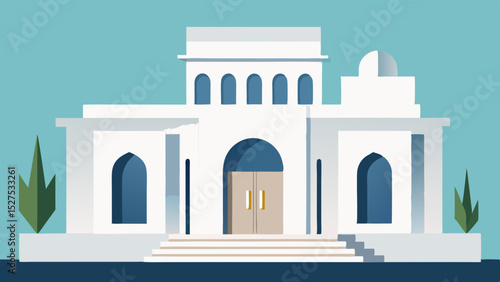 Flat Design Greek Architecture Building with Blue Dome and White Walls