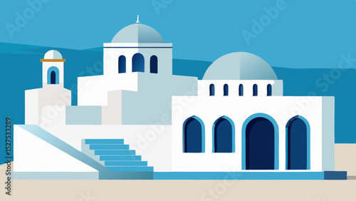 Flat Design Greek Architecture Building with Blue Dome and White Walls