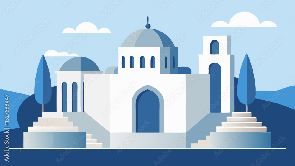 Flat Design Greek Architecture Building with Blue Dome and White Walls Flat Design Greek Architecture Building with Blue Dome and White Walls