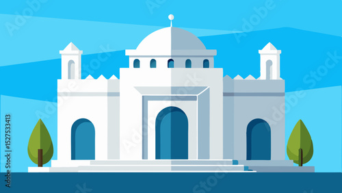 Flat Design Greek Architecture Building with Blue Dome and White Walls