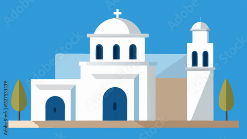 Flat Design Greek Architecture Building with Blue Dome and White Walls