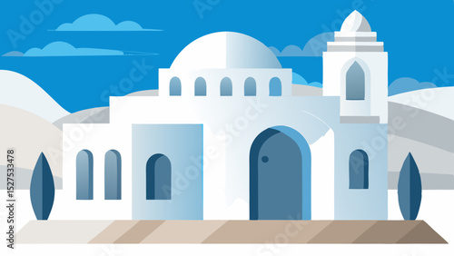 Flat Design Greek Architecture Building with Blue Dome and White Walls