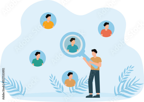 Advertising focus and customer centric marketing strategy to design products and services and entrepreneur with magnifying glass focus on customers users or people concept.
