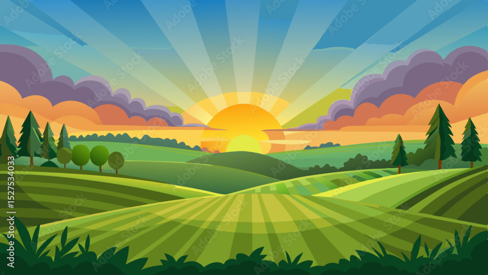 Obraz premium Colorful Sunrise Over Countryside Fields and Hills Illustration