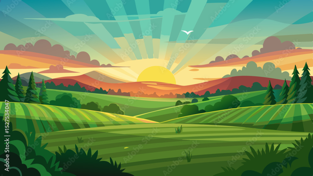 Fototapeta premium Colorful Sunrise Over Countryside Fields and Hills Illustration