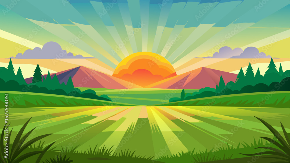 Obraz premium Colorful Sunrise Over Countryside Fields and Hills Illustration