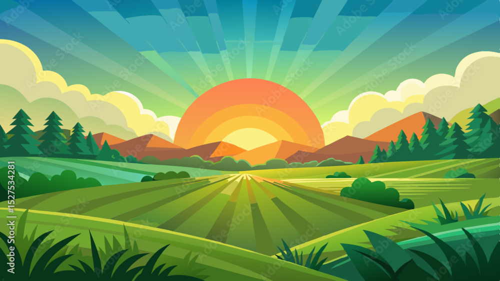 Obraz premium Colorful Sunrise Over Countryside Fields and Hills Illustration