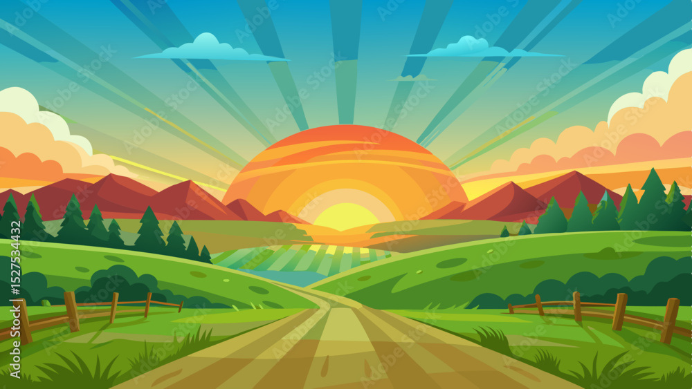 Obraz premium Colorful Sunrise Over Countryside Fields and Hills Illustration
