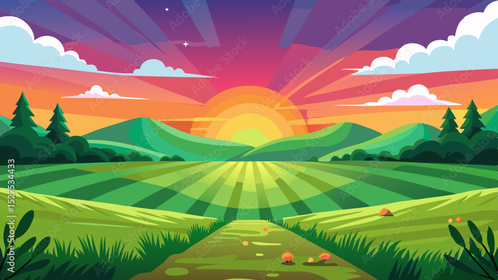 Obraz premium Colorful Sunrise Over Countryside Fields and Hills Illustration
