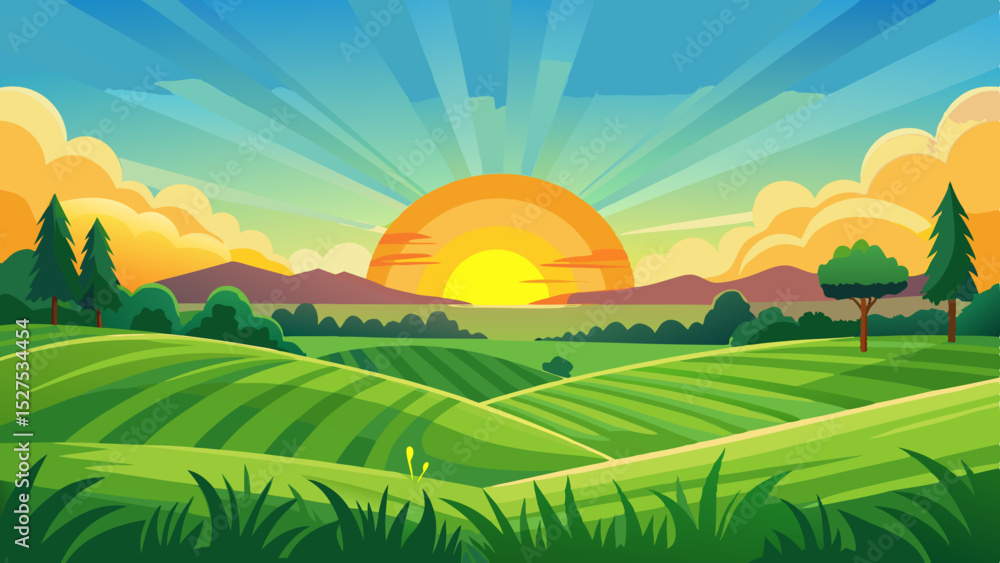 Obraz premium Colorful Sunrise Over Countryside Fields and Hills Illustration