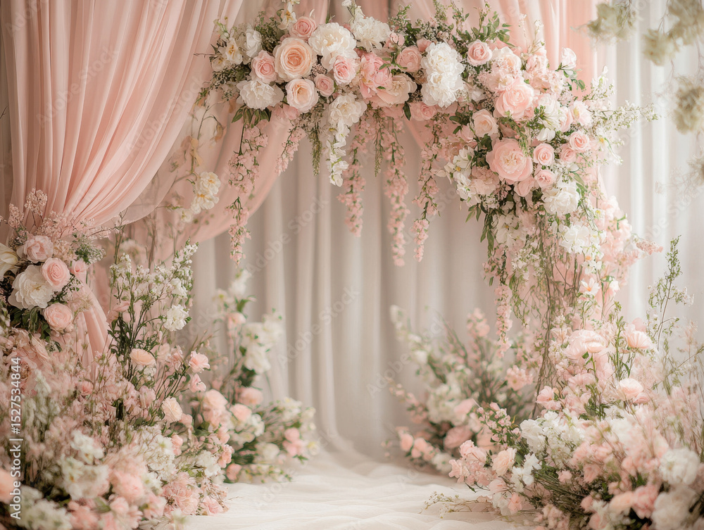 Beautiful floral arch with pink and white roses and delicate greenery creates romantic setting. Soft pink drapes enhance elegant atmosphere, perfect for weddings or special events Beautiful floral arch with pink and white roses and delicate greenery creates romantic setting. Soft pink drapes enhance elegant atmosphere, perfect for weddings or special events