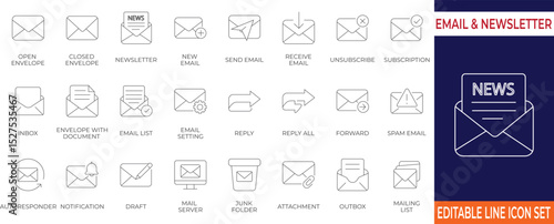 Modern filled thin line icon pack for email communication including inbox, newsletter, reply, and notifications. Perfect for email marketing, newsletter platforms, and UI/UX design.
