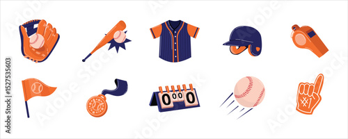 Collection of Baseball Equipment, Baseball Vector Set. Baseball equipment including gear, apparel, and equipment