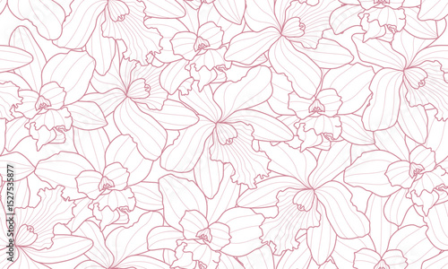 Seamless Pattern Floral Orchid Outline. Flower Botanical Hand drawn Background. Vector illustration.