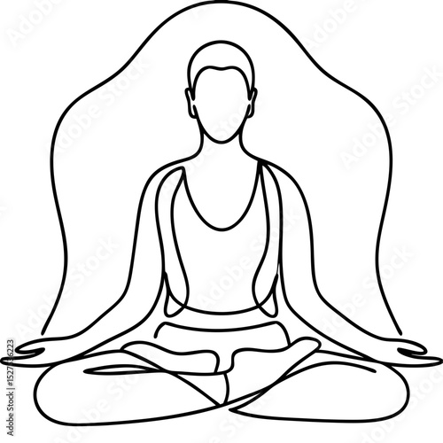 Line Art of a Person Meditating in a Retreat Setting for Mindfulness, Wellness Blogs, Spiritual Education, and Stress Relief Content  
