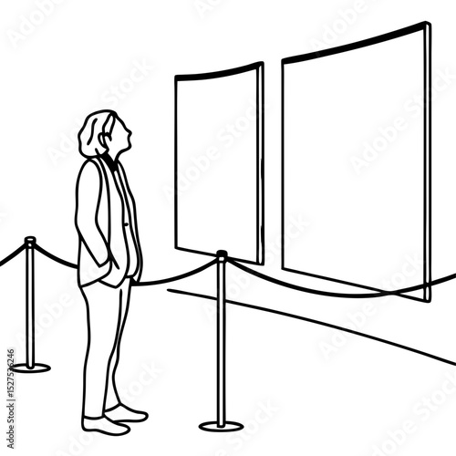 Person Observing Art Exhibits in a Museum with Line Art Style for Blogs, Websites, Education on Art Appreciation, Museum Awareness, and Cultural Content  