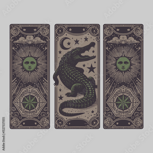 antique-style alligator drawing in vector format for custom card deck with reptile theme