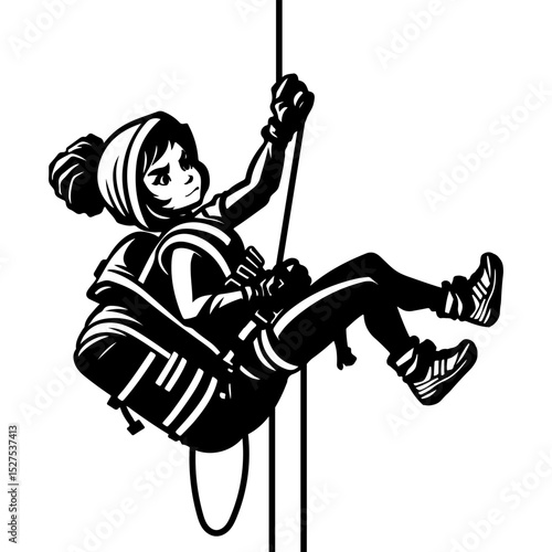 Sketchy sport emblem of brave female climber sportswoman descends on ropes from the top of a mountain in monochrome. Engraving minimalistic vector in black ink drawing on transparent background