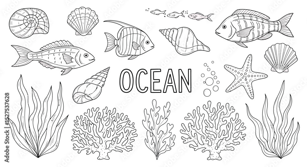 Hand Drawn Ocean Life Doodle Set - Marine Animals and Plants Vector Hand Drawn Ocean Life Doodle Set - Marine Animals and Plants Vector