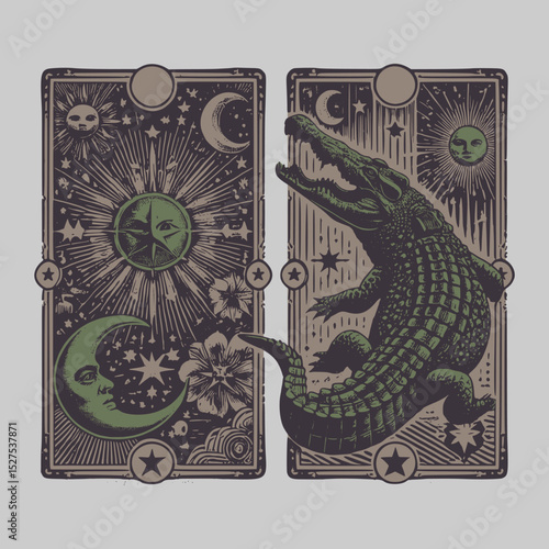 vintage vector artwork of alligators for collectible reptile card series