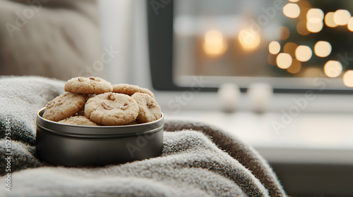 A cozy scene featuring a tin of cookies on a soft blanket, with warm bokeh lights in the background, evoking a sense of comfort and home.