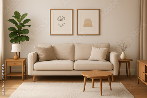 A comfortable, modern living room interior design features a stylish sofa and contemporary furniture, perfect for a cozy home lounge
